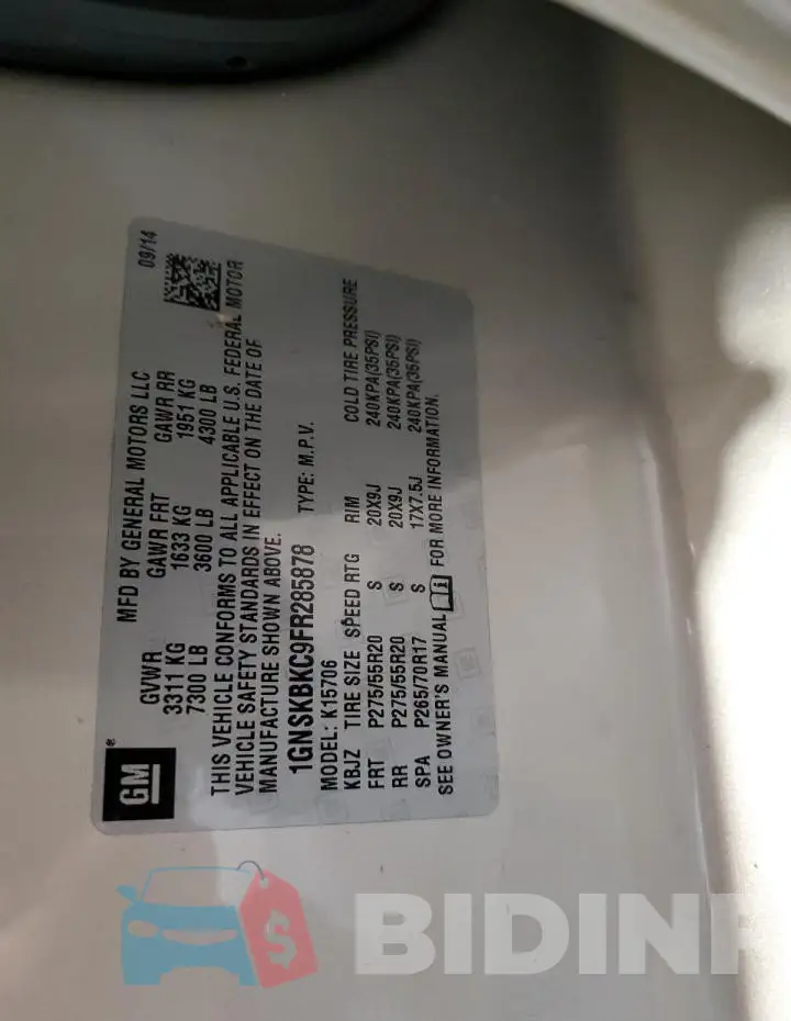 1GNSKBKC9FR285878 Photo# 13