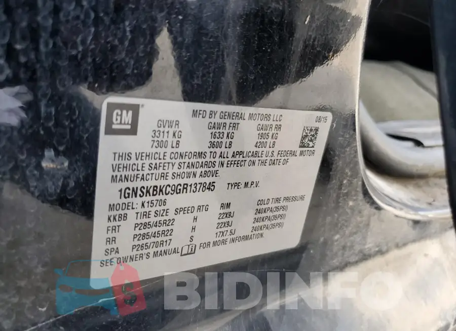 1GNSKBKC9GR137845 Photo# 13