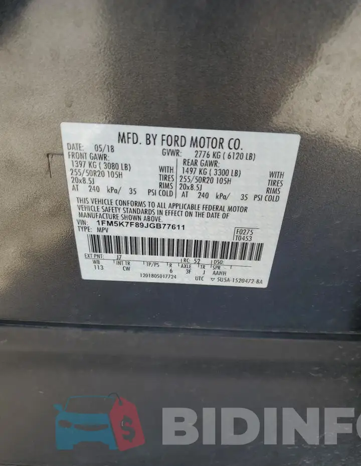 1FM5K7F89JGB77611 Photo# 13