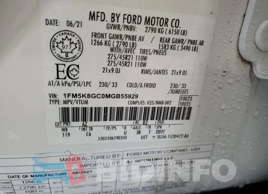 1FM5K8GC0MGB55929 Photo# 13