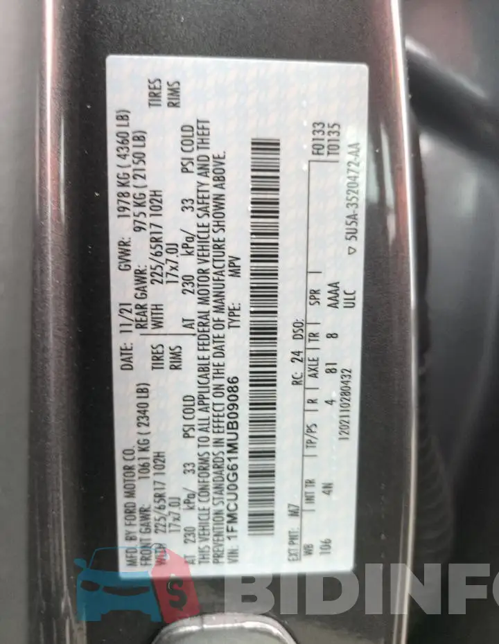 1FMCU0G61MUB09086 Photo# 14