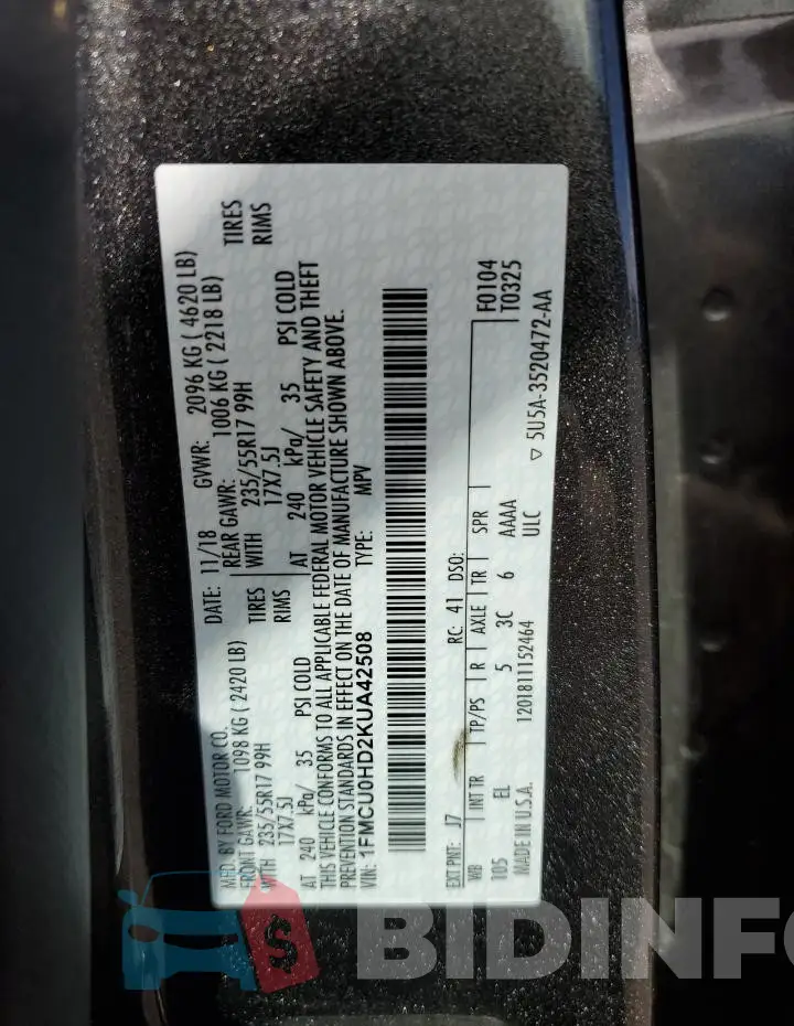 1FMCU0HD2KUA42508 Photo# 13