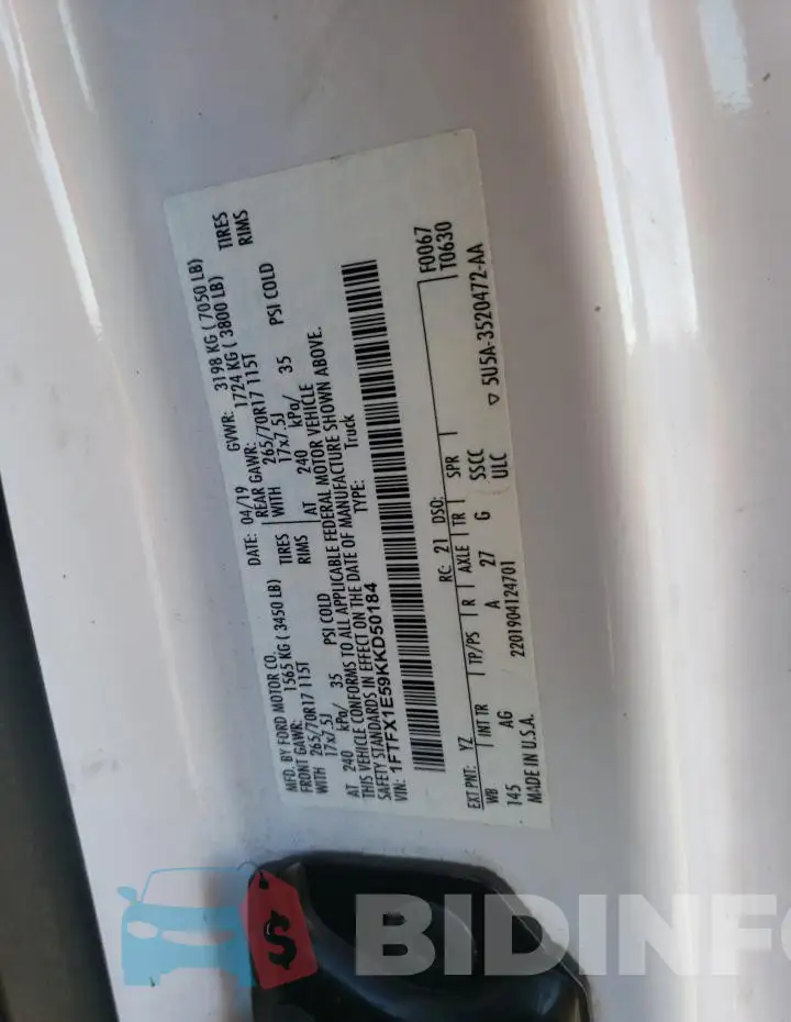 1FTFX1E59KKD50184 Photo# 12