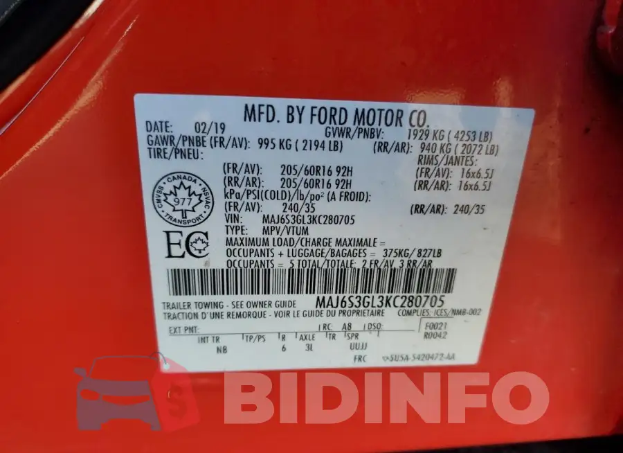 MAJ6S3GL3KC280705 Photo# 13