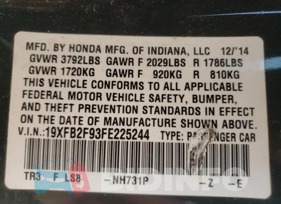 19XFB2F93FE225244 Photo# 12
