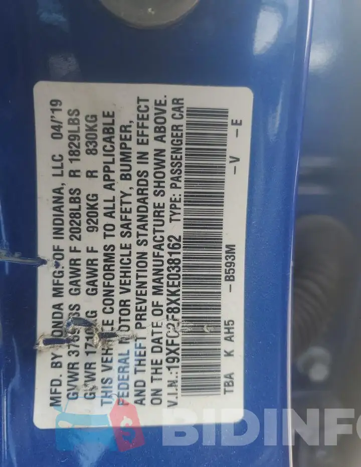 19XFC2F8XKE038162 Photo# 12