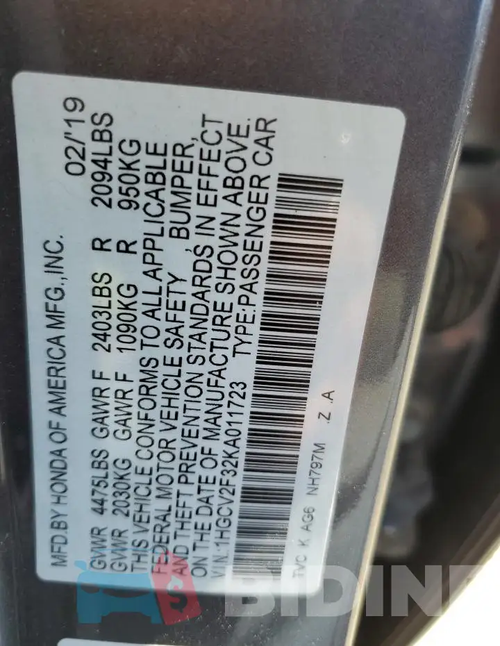 1HGCV2F32KA011723 Photo# 12