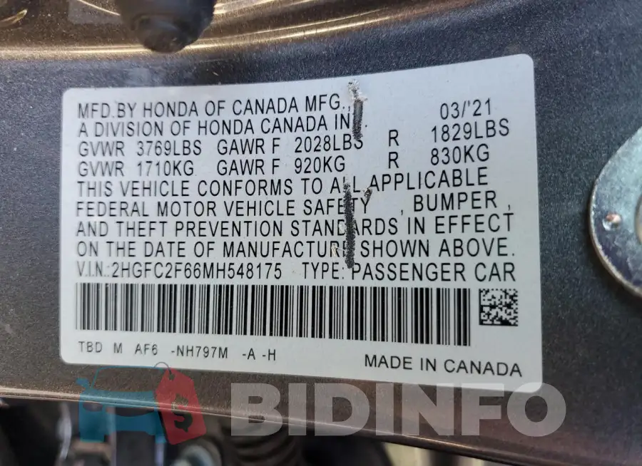 2HGFC2F66MH548175 Photo# 12