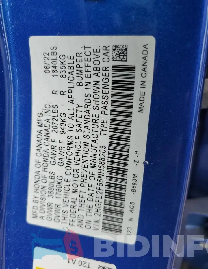 2HGFE2F55NH588203 Photo# 12