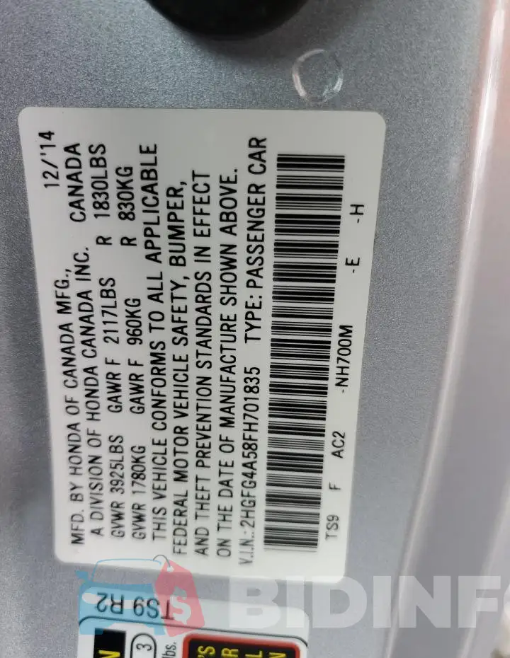 2HGFG4A58FH701835 Photo# 12