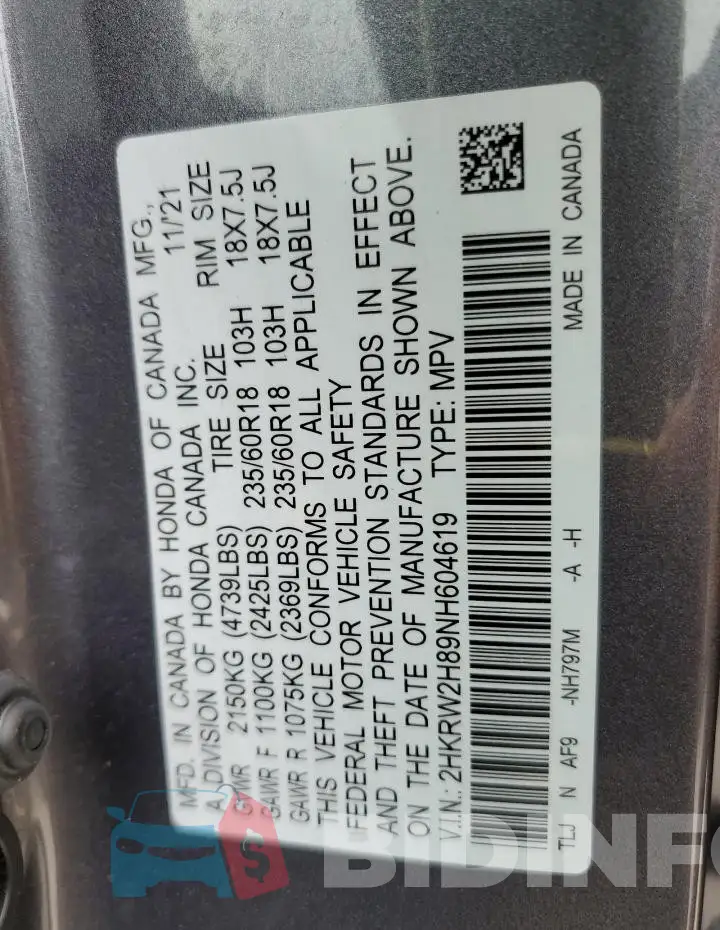 2HKRW2H89NH604619 Photo# 13
