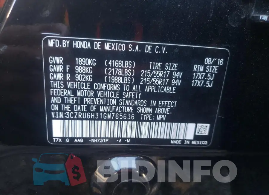 3CZRU6H31GM765636 Photo# 12