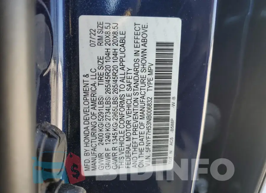 5FNYF7H53NB006832 Photo# 13