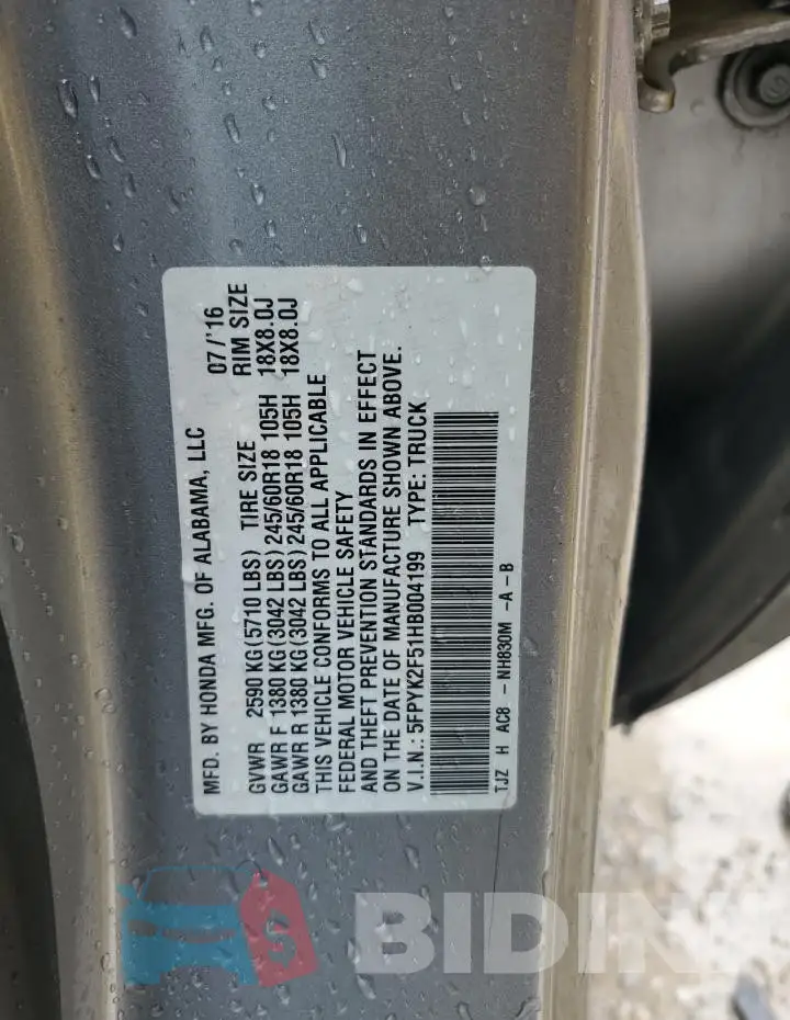 5FPYK2F51HB004199 Photo# 12