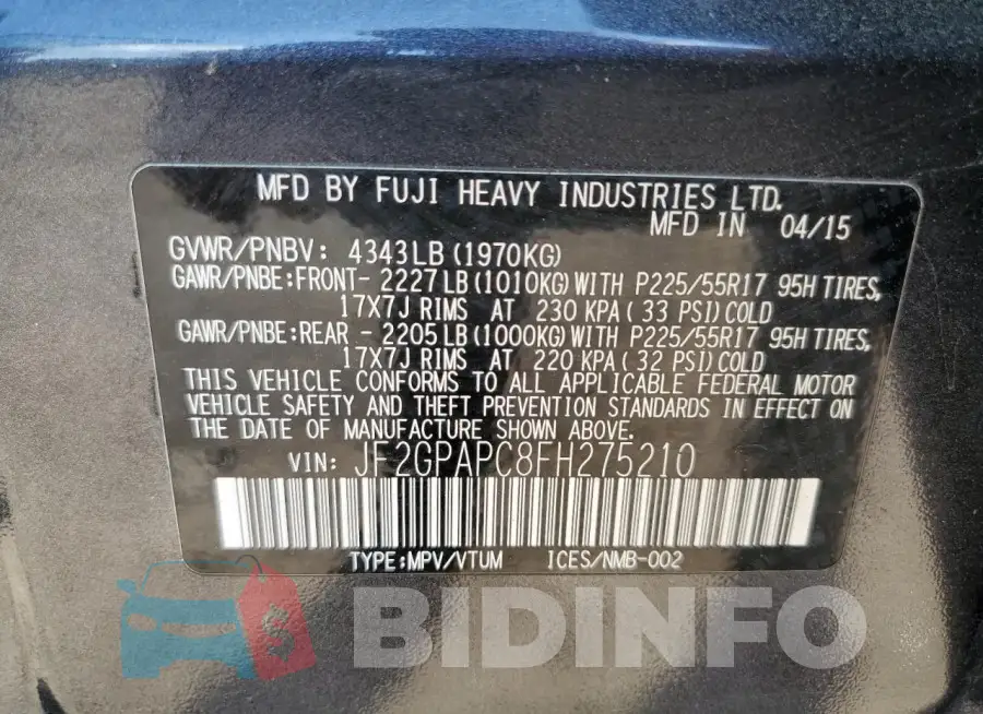 JF2GPAPC8FH275210 Photo# 14