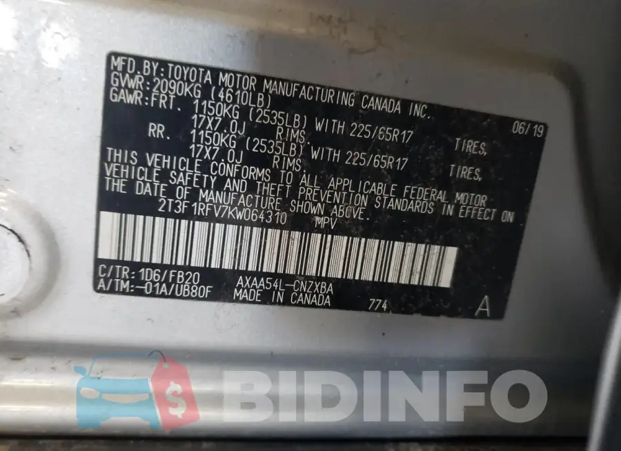 2T3F1RFV7KW064310 Photo# 14