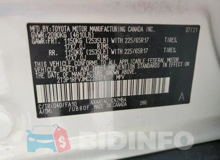 2T3P1RFV3MC228371 Photo# 13