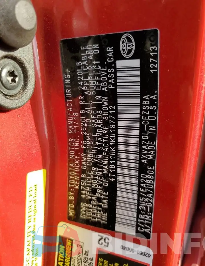 4T1B11HK1KU187712 Photo# 12