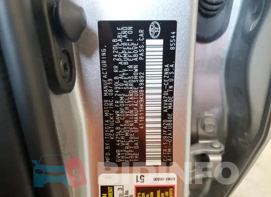 4T1B11HK9KU849892 Photo# 12