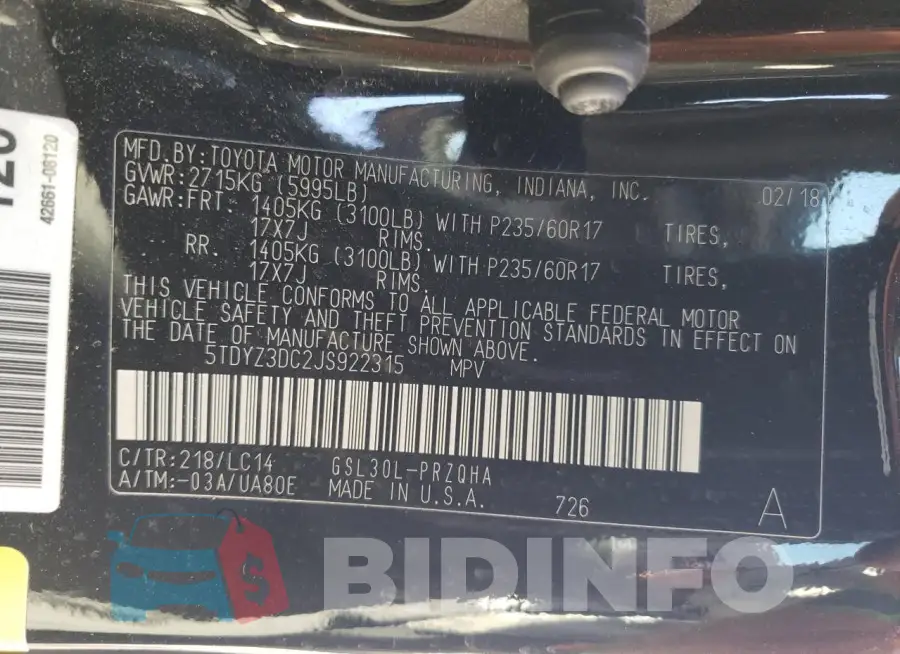 5TDYZ3DC2JS922315 Photo# 14