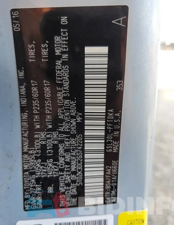 5TDZK3DC2GS742205 Photo# 13