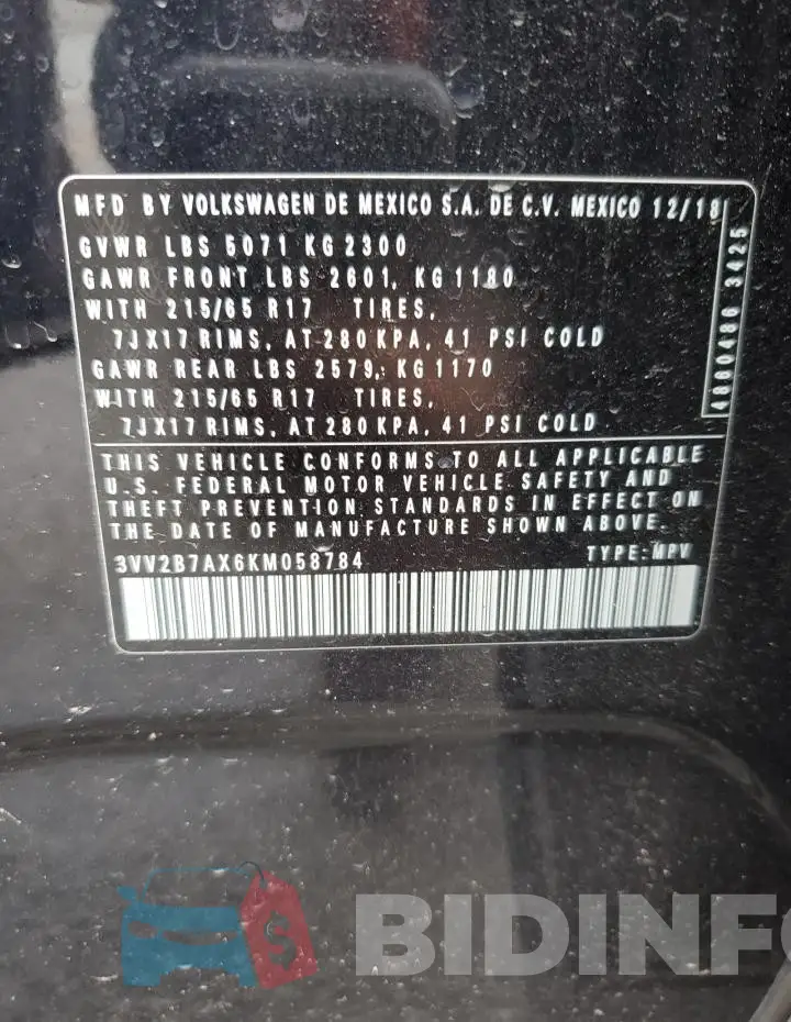 3VV2B7AX6KM058784 Photo# 13