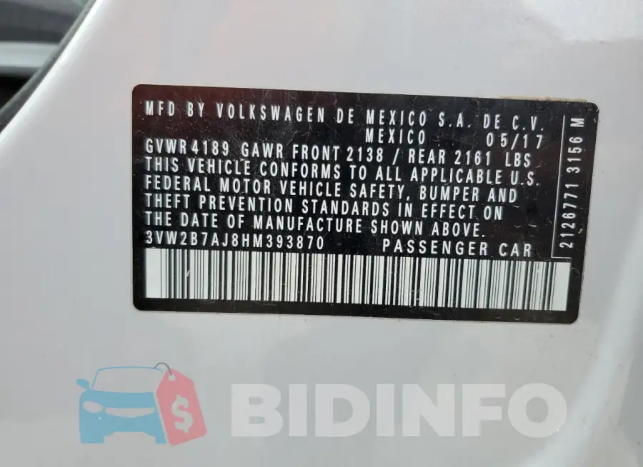 3VW2B7AJ8HM393870 Photo# 12