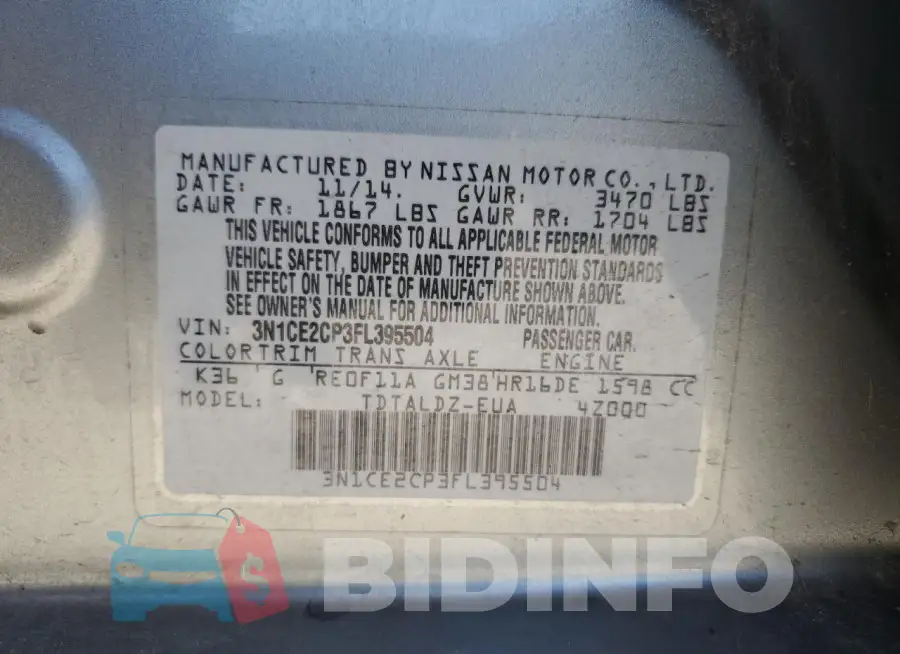 3N1CE2CP3FL395504 Photo# 12