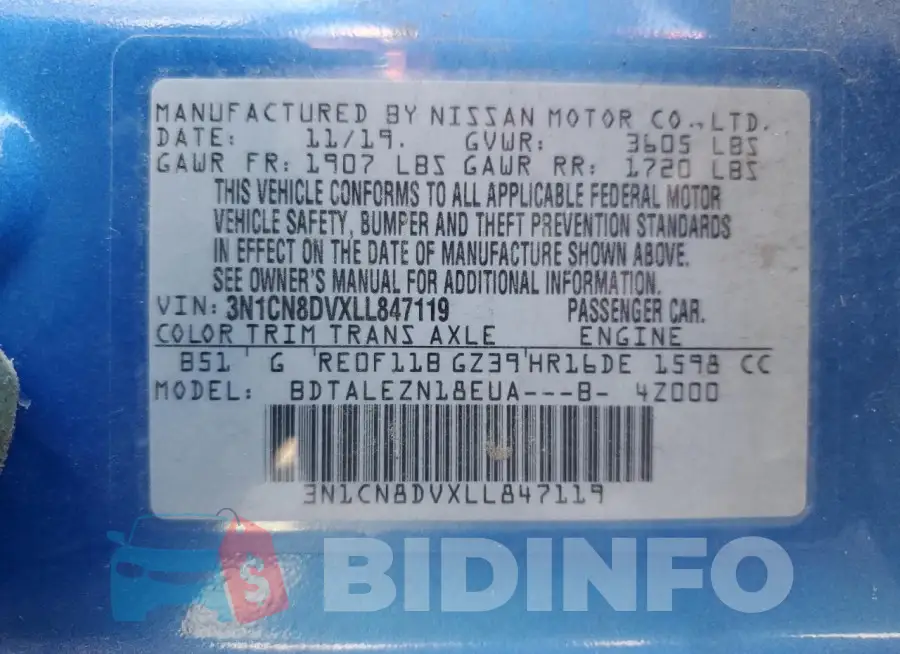 3N1CN8DVXLL847119 Photo# 12
