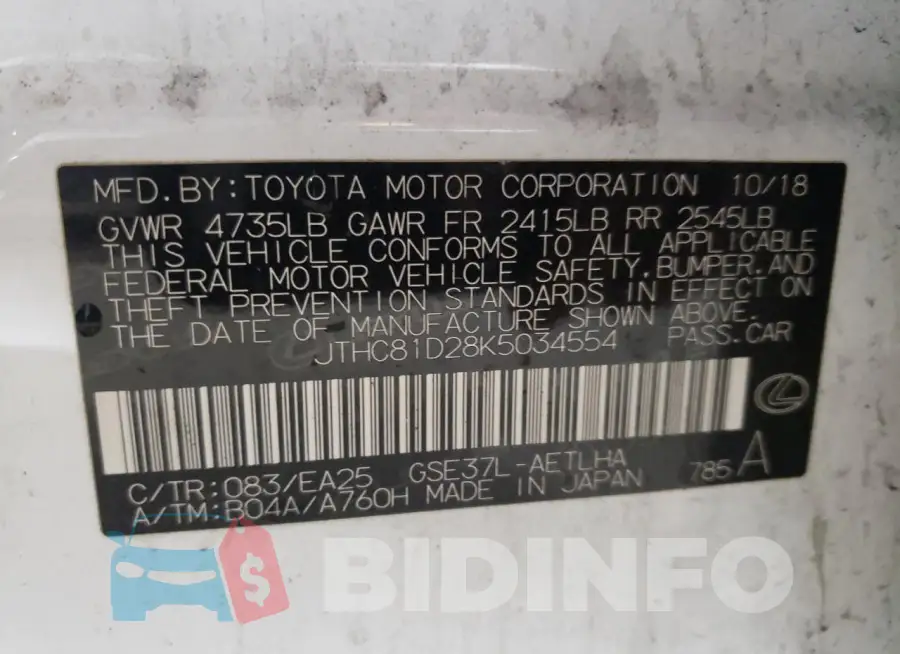 JTHC81D28K5034554 Photo# 12