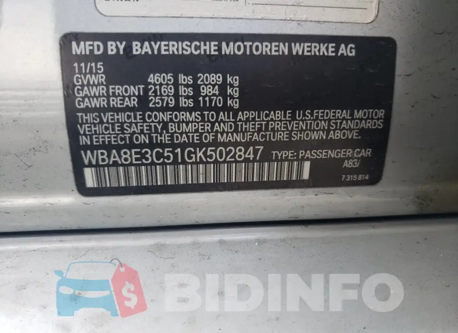 WBA8E3C51GK502847 Photo# 12