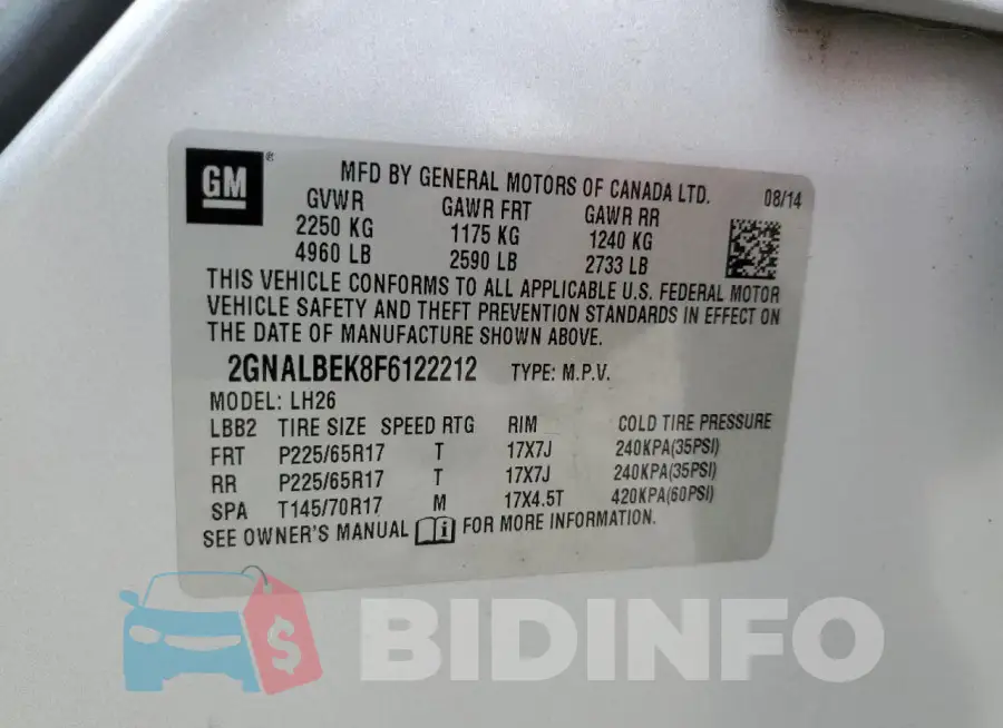 2GNALBEK8F6122212 Photo# 13