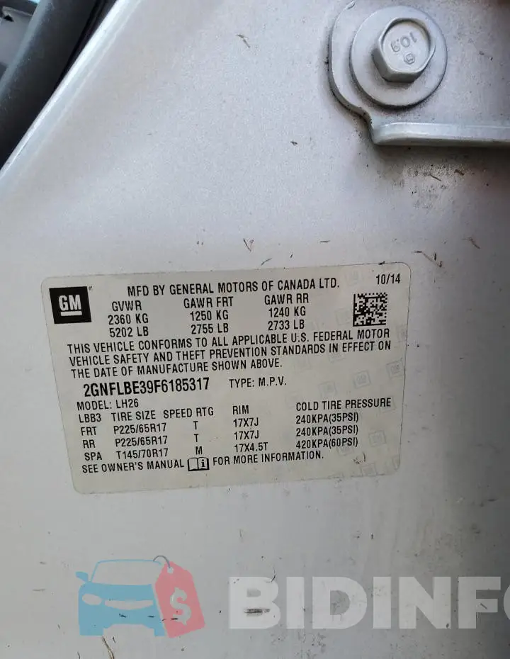 2GNFLBE39F6185317 Photo# 14