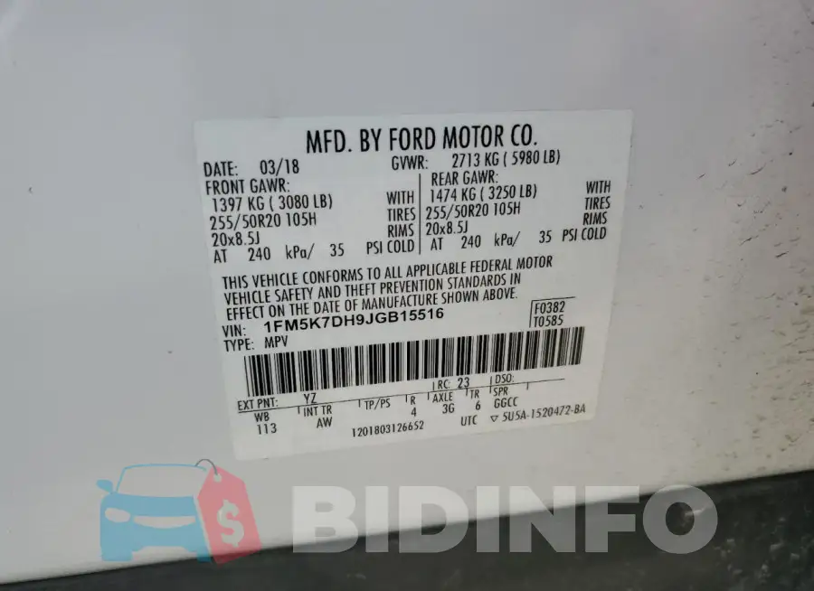 1FM5K7DH9JGB15516 Photo# 13