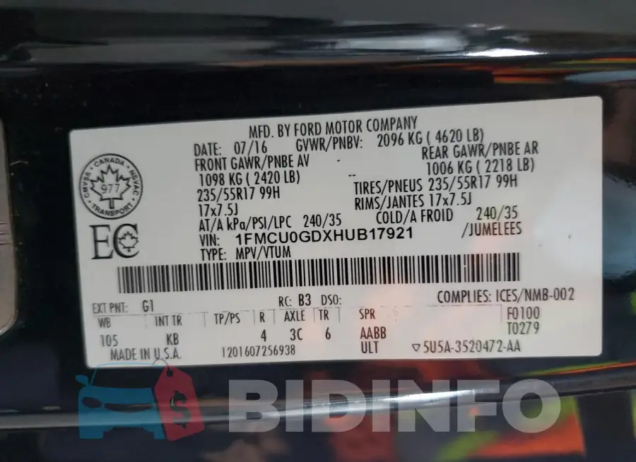 1FMCU0GDXHUB17921 Photo# 12