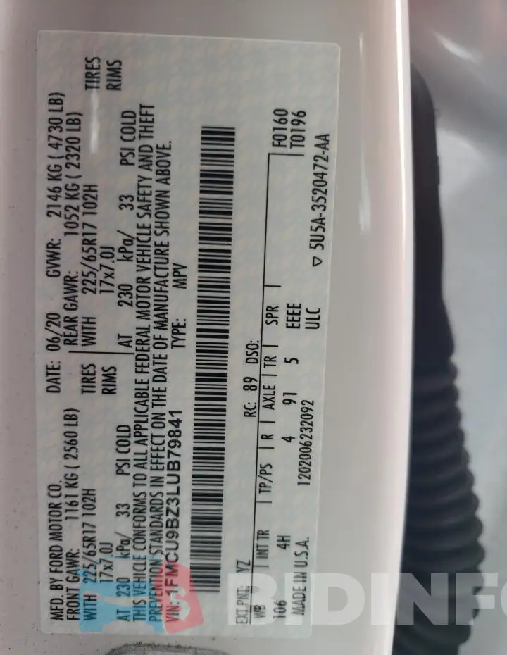 1FMCU9BZ3LUB79841 Photo# 14
