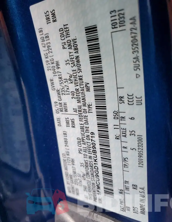 1FMCU9GD1KUB90719 Photo# 13