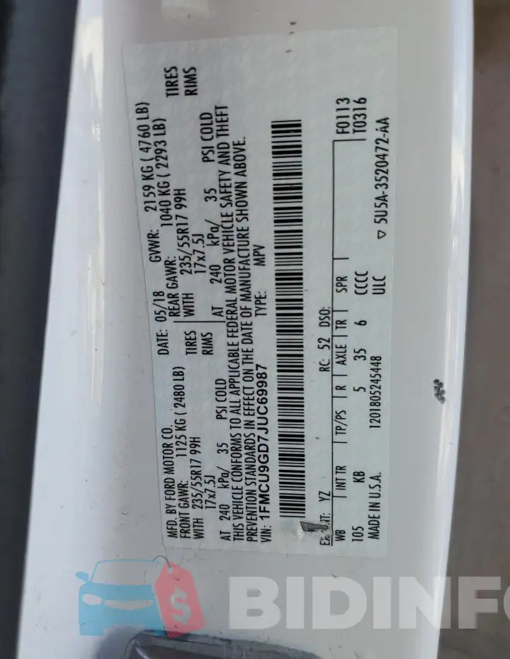 1FMCU9GD7JUC69987 Photo# 14