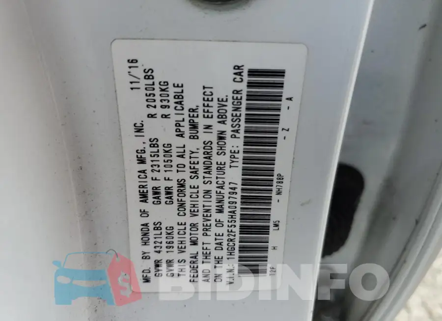 1HGCR2F55HA097947 Photo# 12