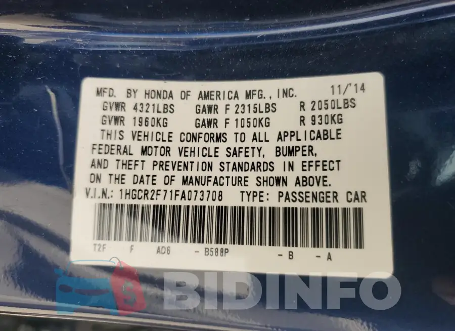 1HGCR2F71FA073708 Photo# 12