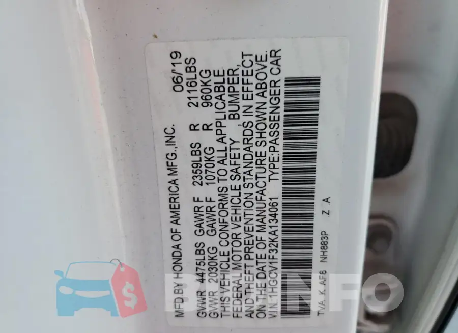 1HGCV1F32KA134061 Photo# 12