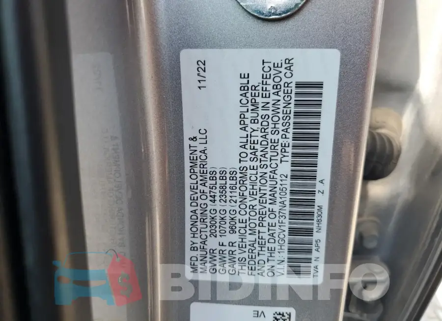 1HGCV1F37NA105112 Photo# 12