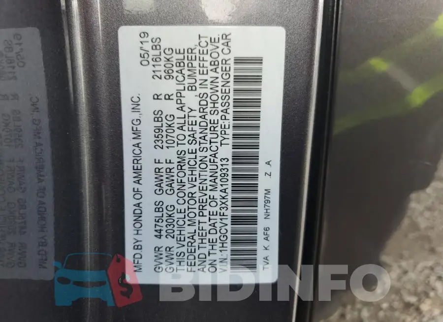 1HGCV1F3XKA109313 Photo# 13