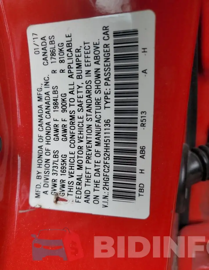 2HGFC2F52HH511136 Photo# 13
