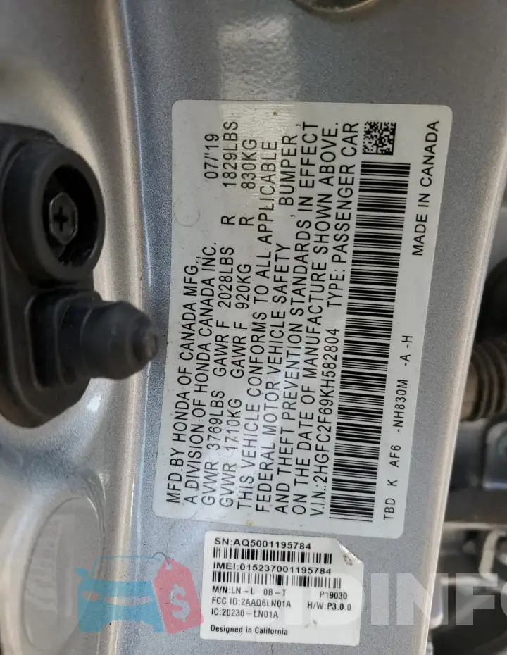 2HGFC2F69KH582804 Photo# 12