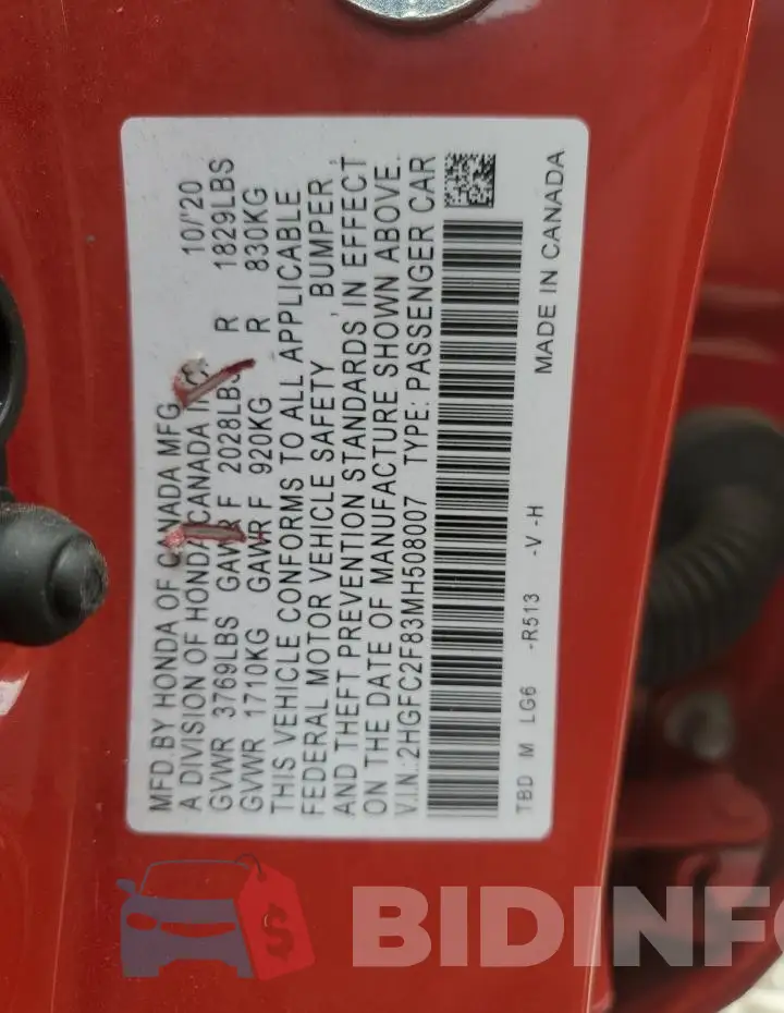 2HGFC2F83MH508007 Photo# 12