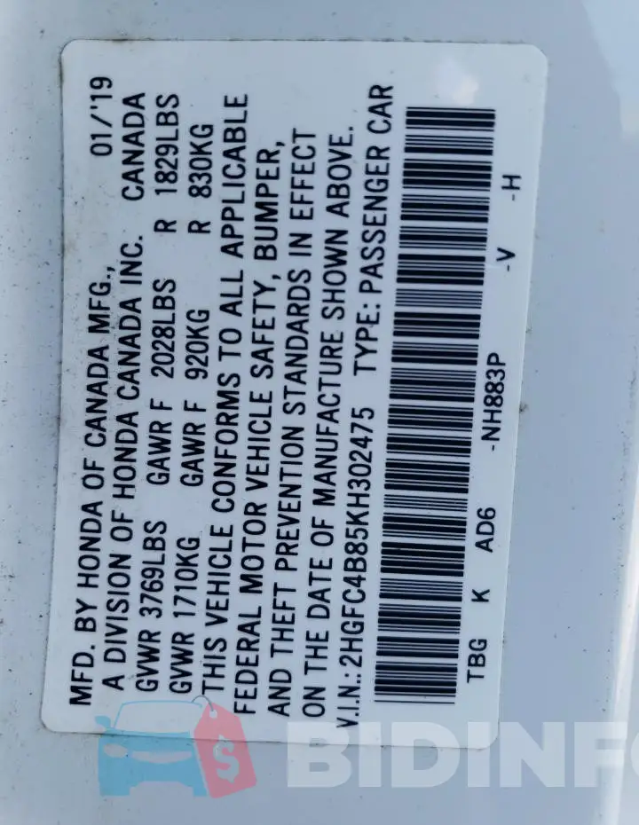 2HGFC4B85KH302475 Photo# 12