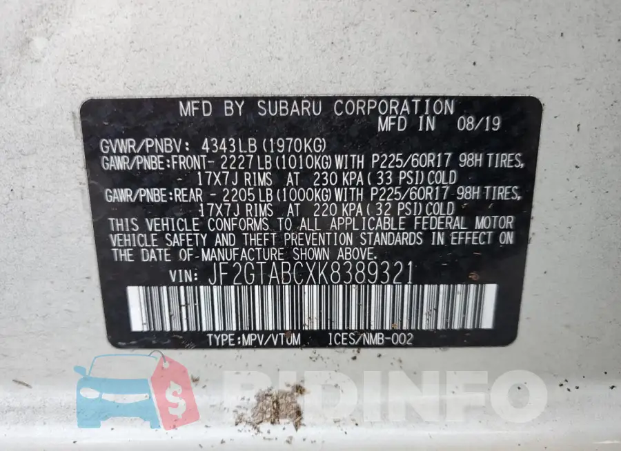 JF2GTABCXK8389321 Photo# 14