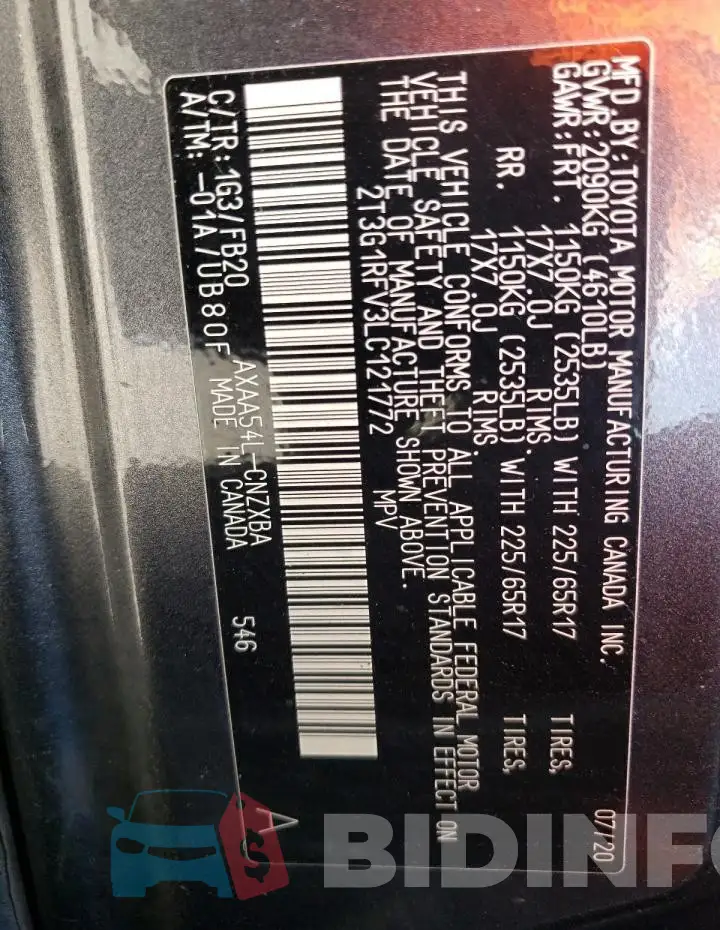 2T3G1RFV3LC121772 Photo# 13