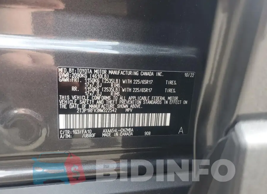 2T3P1RFV3NW322542 Photo# 13